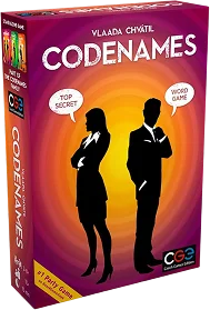 Pudełko gry planszowej Codenames z sylwetkami tajnych agentów.