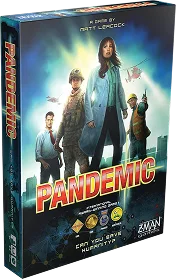 Pudełko gry planszowej Pandemic z zespołem naukowców i mapą świata.
