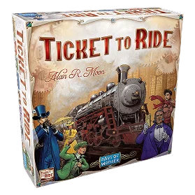 Pudełko gry planszowej Ticket to Ride z ilustracją pociągu i podróżnych.